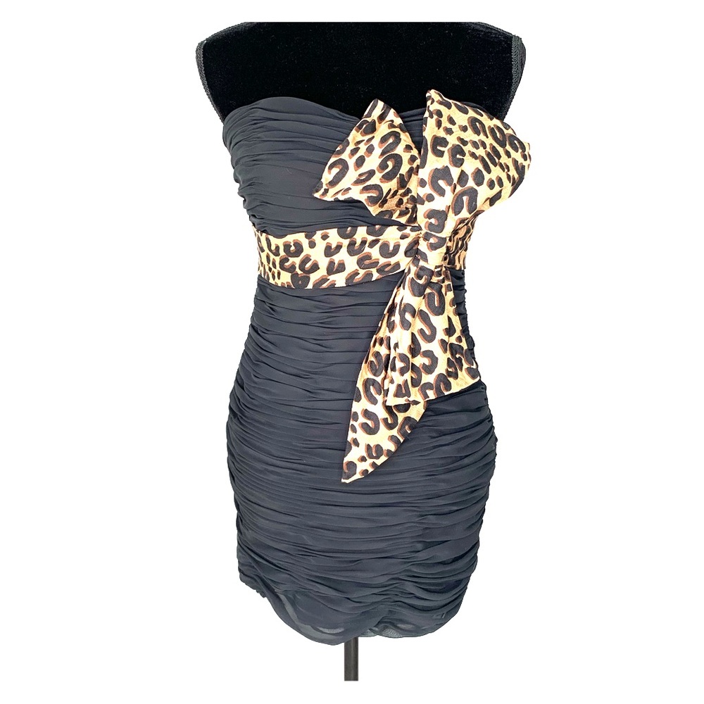 Terani Rouched Leopard Bow Strapless Evening